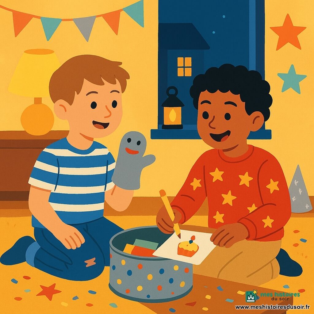 Deux garçons d’environ 8 ans dans un salon chaleureux en soirée : à gauche un garçon aux cheveux châtain clair courts, t-shirt rayé bleu et blanc, jean usé, souriant, tenant une marionnette chaussette ; à droite un garçon aux cheveux bouclés noirs, pull rouge à étoiles, pantalon beige, écrivant une lettre au crayon jaune et montrant un petit gâteau dessiné. Ils préparent une capsule temporelle pour le Nouvel An : une boîte en métal décorée de confettis, ouverte sur le tapis moutarde avec des lettres colorées qui dépassent. Ambiance joyeuse et intime, couleurs vives, textures de papier visibles, gestes expressifs ; lampes et fenêtre en arrière-plan, décorations festives (guirlandes pastel, chapeaux en aluminium, étoiles et confettis) autour.