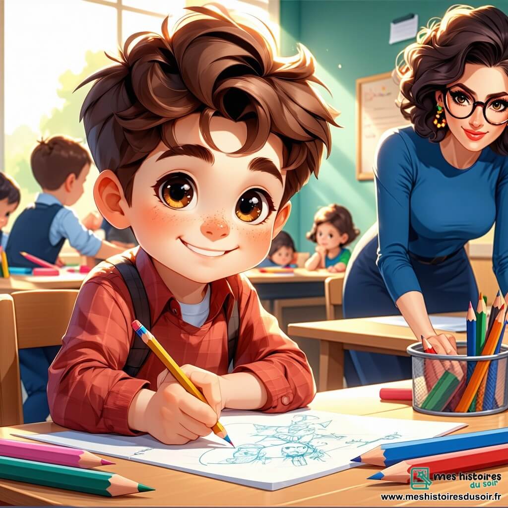 Un garçon de 9 ans, Lucas, aux cheveux châtains et aux yeux curieux, est assis à une table en bois dans une salle de classe lumineuse. Il sourit et dessine avec un crayon coloré. À côté de lui, Madame Lefèvre, une femme d'une quarantaine d'années avec des lunettes rondes et des cheveux bouclés, l'observe avec bienveillance, prête à l'aider. La salle est décorée de posters colorés, et des rayons de soleil illuminent la pièce, créant une atmosphère chaleureuse. Lucas travaille sur un exercice ludique avec l'aide de Madame Lefèvre, découvrant le plaisir d'apprendre.