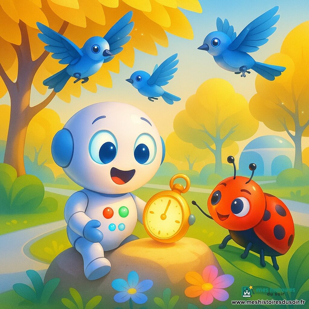 Lumo, petit robot rond au visage joyeux et yeux lumineux, coque blanche avec LEDs colorées sur le ventre, place un minuteur doré lumineux sur une pierre ensoleillée; une coccinelle-robot rouge à pois l’aide en pointant son antenne, des oiseaux électroniques bleu et argent voltigent dans les branches; dans un parc futuriste aux sentiers argentés, arbres aux feuilles dorées et fleurs holographiques, le minuteur s’allume et projette une douce lumière qui éclaire les fleurs et fait sourire tous les personnages.
