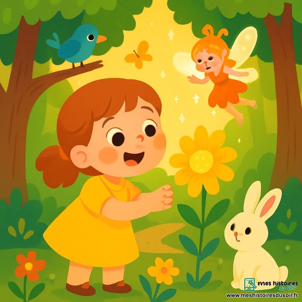 Une petite fille nommée Rose, âgée d'environ 6 ans, avec des joues rondes et roses, porte une robe jaune éclatante. Elle admire une fleur magique couleur soleil avec émerveillement. À ses côtés, une petite fée scintillante de 10 cm, avec des ailes brillantes et des cheveux dorés, danse et sourit à Rose. Un lapin blanc, curieux, les observe, tandis qu'un oiseau bleu chante sur une branche. La scène se déroule dans une forêt enchantée, entourée d'arbres majestueux, de fleurs colorées et de papillons dorés, sous un doux rayon de soleil. Rose touche la fleur magique, émerveillée, tandis que la fée virevolte autour d'elle.