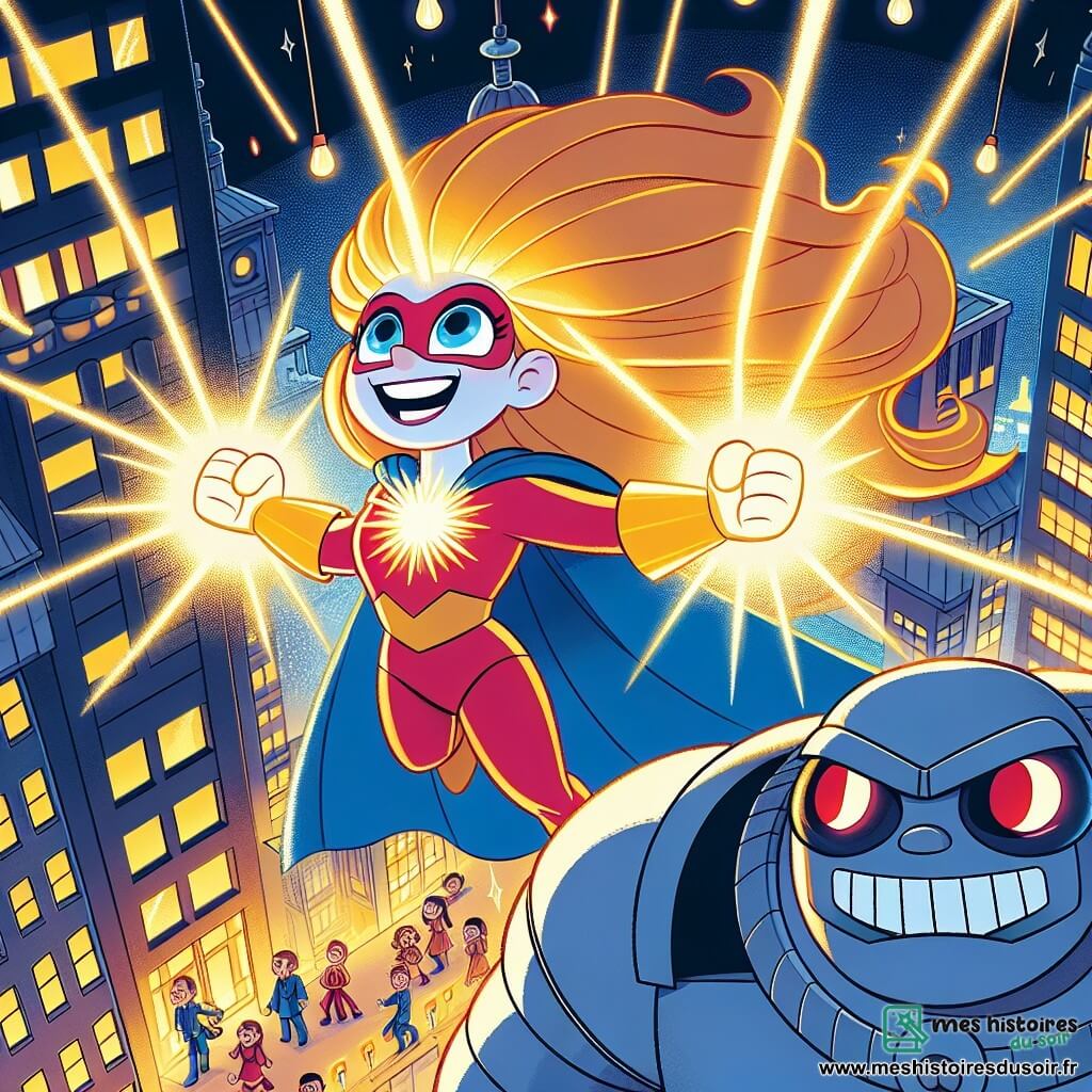 Zélie Lumière, super-héroïne aux longs cheveux dorés, porte un costume rouge et une cape bleue. Elle vole dans les airs, illuminant la ville de ses mains scintillantes. Grizou, le robot maléfique, essaie d'éteindre les lumières avec ses bras mécaniques, visiblement frustré. La scène se déroule dans une grande ville animée, avec des bâtiments illuminés, mais certaines lumières sont éteintes, créant une atmosphère de mystère. Zélie combat Grizou tout en tentant de le convaincre de devenir son ami, transmettant énergie et espoir pour la ville.