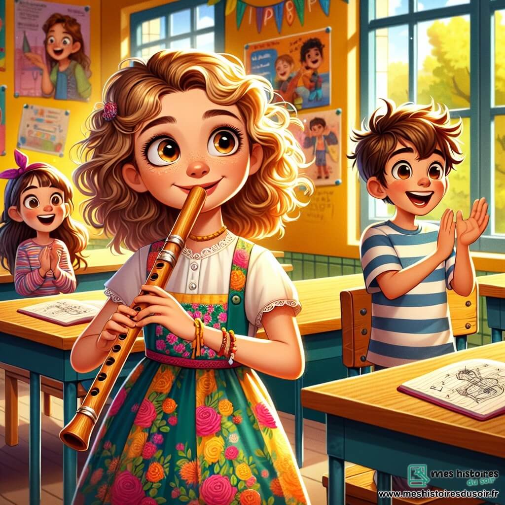Au centre de l'image, Clara, une fille de 9 ans aux cheveux bouclés et dorés, sourit joyeusement en tenant une flûte en bois, vêtue d'une robe colorée à motifs floraux. À côté d'elle, Lucas, un garçon de 10 ans avec des cheveux bruns en bataille, applaudit, portant un t-shirt rayé et un short. Sofia, également âgée de 9 ans, dessine sur un carnet avec des crayons de couleur, concentrée. La scène se déroule dans une salle de classe lumineuse aux murs jaunes, ornée d'affiches sur l'apprentissage et l'amitié, et baignée de lumière naturelle. Clara s'apprête à jouer de la flûte, tandis que Lucas et Sofia l'encouragent, créant une atmosphère de soutien et de camaraderie.