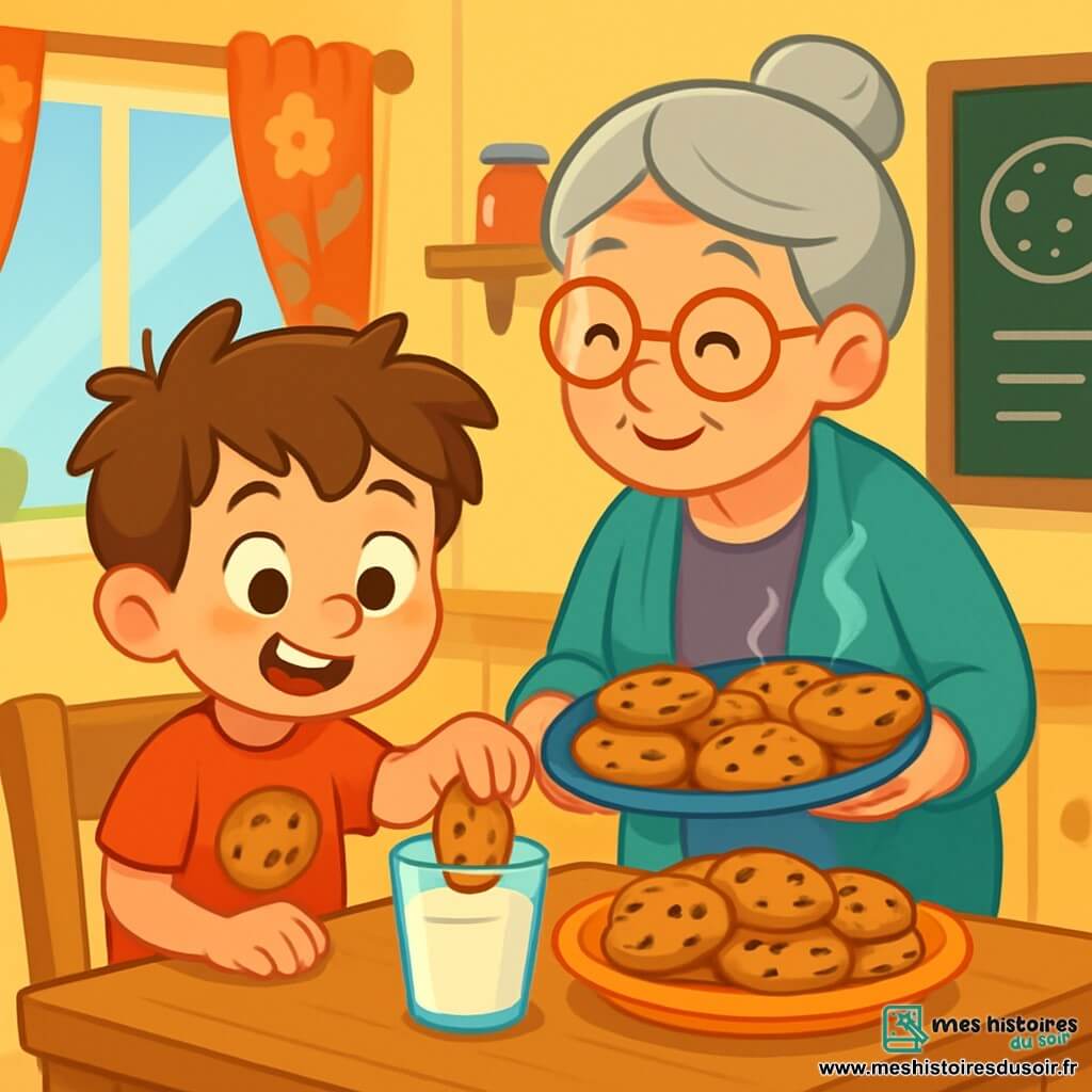 Un petit garçon de 6 ans, nommé Tom, avec des cheveux châtains et des yeux brillants de détermination, est assis à une table en bois. Il porte un t-shirt rouge avec un motif de biscuit et un short bleu, et sourit avec excitation en trempant un biscuit dans un verre de lait. À ses côtés, sa grand-mère, âgée d'environ 70 ans, avec des cheveux gris en chignon et des lunettes rondes, tient un plat de biscuits chauds. La scène se déroule dans une cuisine accueillante aux murs jaunes et aux étagères remplies de pots de confiture. Tom s'est lancé le défi de manger 100 biscuits en une journée, prêt à savourer chaque bouchée.