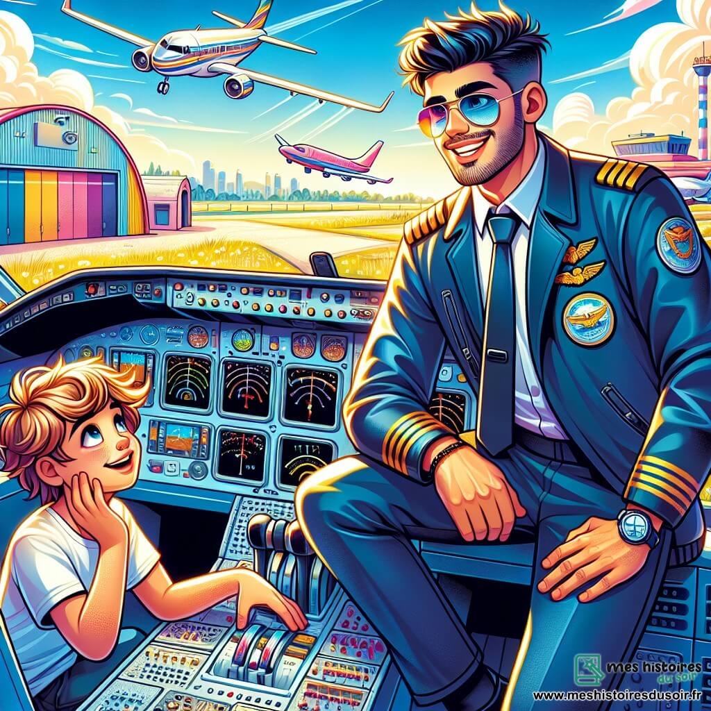 Un homme, Jacques, pilote d'avion, se tient devant un cockpit brillant, souriant chaleureusement. Il porte une veste bleu marine, des lunettes de soleil sur le front et un badge sur sa poitrine. À ses côtés, un garçon de dix ans, Léo, avec des cheveux ébouriffés et des yeux curieux, admire l'intérieur du cockpit, tenant un petit avion en plastique. Le décor est un aérodrome ensoleillé avec des hangars colorés et une piste d'atterrissage sous un ciel bleu. Jacques explique les instruments de vol à Léo, captivé par les détails du cockpit. L'ambiance est joyeuse et pleine d'excitation, illuminée par le soleil, créant une atmosphère de rêve et d'aventure.
