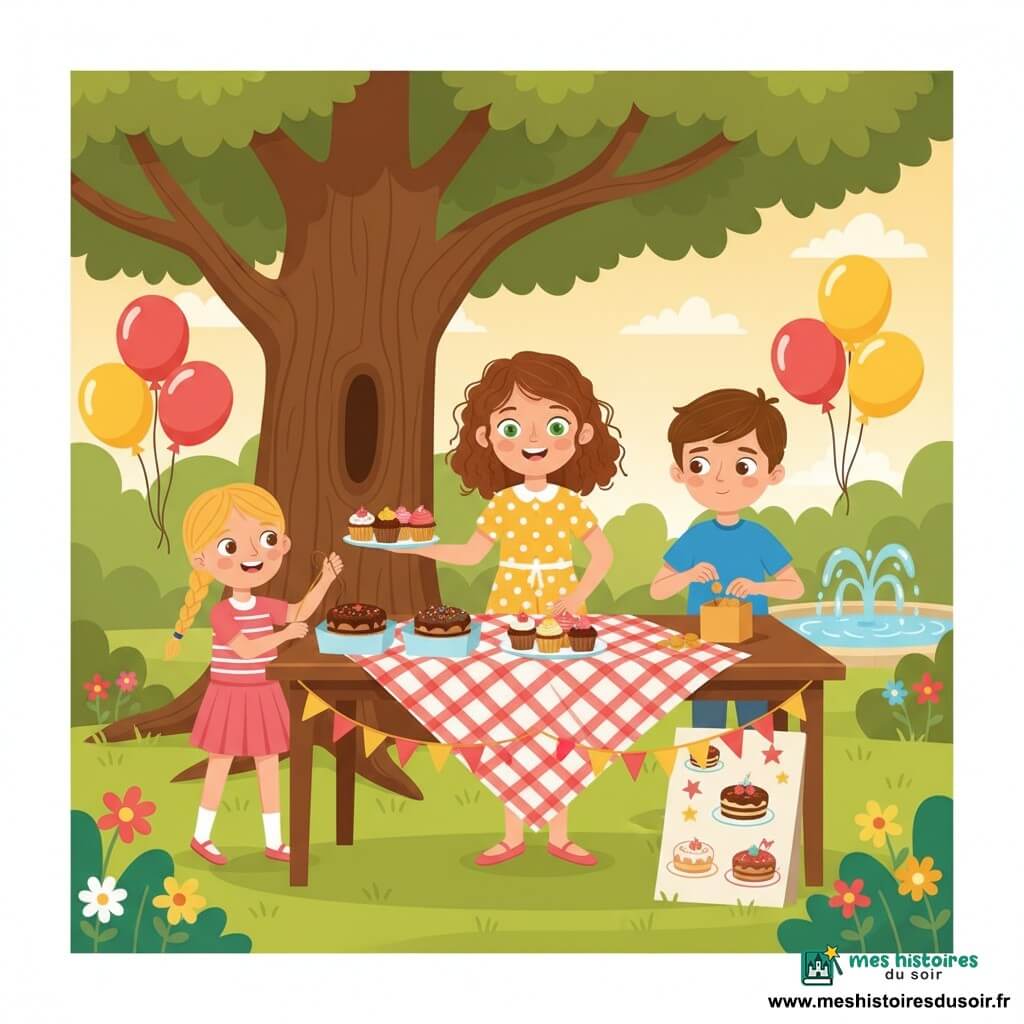 Margaux, 10 ans, souriante et déterminée, cheveux châtains bouclés, tient une assiette de cupcakes qu'elle tend au spectateur; à gauche Clara, ~9 ans, blonde en tresse, ajoute une guirlande de ballons, à droite derrière la table Lucas, ~10 ans, timide mais fier, compte des pièces; ils tiennent un stand de vente de gâteaux sur une table en bois nappée à carreaux, décorée de boîtes de gâteaux, cupcakes colorés, affiches «Vente de gâteaux» et ballons rouges et jaunes, installé dans un parc ensoleillé avec un grand chêne, un petit jet d'eau et des pelouses fleuries; ambiance chaleureuse et solidaire, visages souriants, composition centrée sur la table et le chêne, palette vive et contrastée, lignes simples, formes douces et éclairage doux de fin d’après-midi.