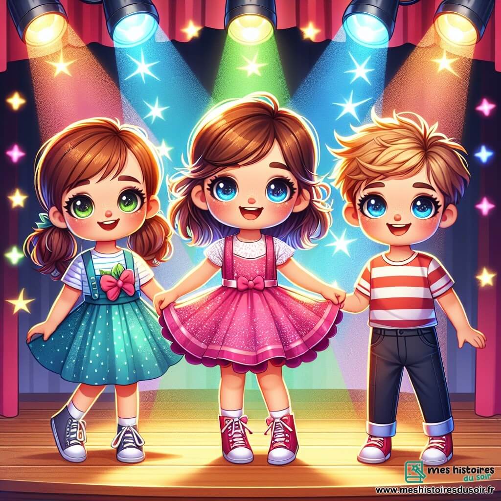 Au centre de l'image, trois enfants se tiennent sur une scène en bois éclairée par des projecteurs colorés. À gauche, Emma, quatre ans, porte une robe rose et sourit avec confiance. À droite, Louis, également quatre ans, en chemise à carreaux rouges et blancs, tient la main d'Emma avec enthousiasme. Au centre, Mila, quatre ans, danse joyeusement en t-shirt rayé et jupe tournante. En arrière-plan, la scène est décorée de guirlandes et de ballons, tandis que des parents applaudissent. Les enfants dansent ensemble, unis par l'amitié et la joie, dans une atmosphère festive.