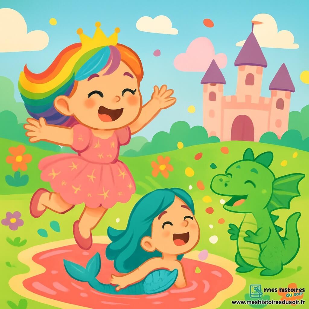 La princesse Louna, joyeuse avec des cheveux arc-en-ciel et un sourire éclatant, saute de joie au bord d'une flaque de jus de fraise, vêtue d'une robe en tulle rose parsemée d'étoiles. À ses côtés, Sissi, une sirène aux écailles turquoise, nage en riant et faisant des bulles. Un peu plus loin, Grobidou, un petit dragon aux écailles vertes, éternue des confettis en s'approchant de la flaque, ses yeux malicieux trahissant son amusement. Le décor est un jardin enchanté avec des fleurs multicolores, des nuages en forme de bonbons et un château aux murs ronds en arrière-plan. Louna, Sissi et Grobidou rient ensemble, entourés de confettis colorés, célébrant leur amitié dans le royaume magique de Chamallow.