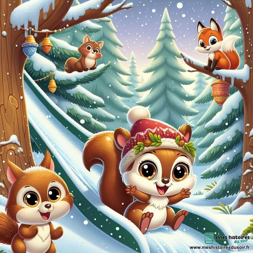 Illustration d'un petit écureuil au pelage noisette et aux yeux pétillants, joyeux, portant un bonnet rouge en mousse et feuilles, glissant sur un toboggan de neige en riant. À proximité, un renard rusé observe avec un sourire espiègle, tandis qu'une chouette sage, perchée sur une branche, regarde la scène avec curiosité. Le cadre est une forêt enchantée avec de grands arbres recouverts de neige scintillante et un sol parsemé de flocons. L'écureuil s'amuse entouré de ses amis dans une ambiance festive, illustrant la magie de l'hiver, avec des congères, des flocons et des décorations hivernales comme des baies et des pommes de pin.