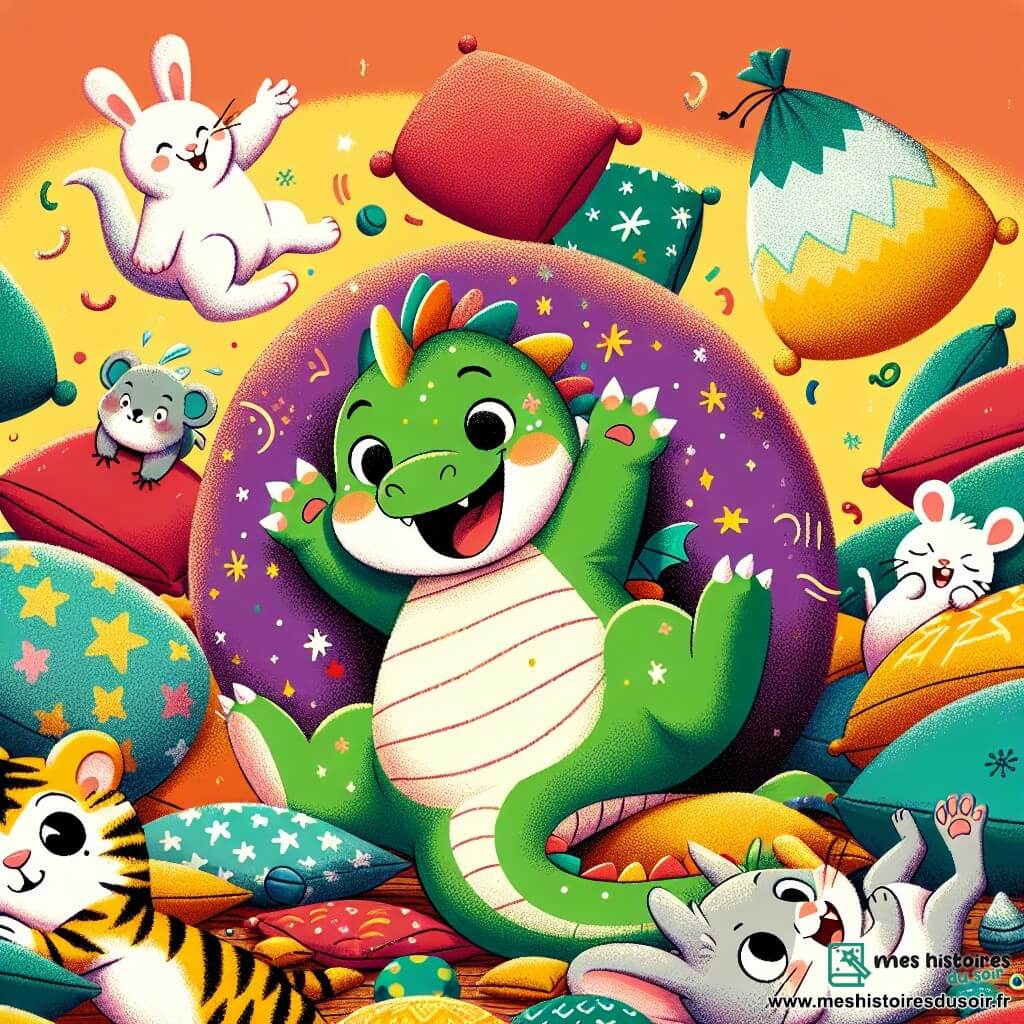 Pipo, un petit dragon vert avec des étoiles sur son ventre, est au centre de l'image, riant aux éclats. Il trébuche sur un coussin coloré, prêt à tomber dans une avalanche de coussins. À côté de lui, Titi le lapin, avec ses grandes oreilles, saute de joie. Lili la souris, petite avec un pelage gris, est allongée par terre, se roulant de rire. Momo le chat, au pelage tigré, tient un coussin rose au-dessus de sa tête, tandis que Nino le perroquet chante gaiement, perché sur un coussin. La scène se déroule dans la maison de Pipo, remplie de coussins colorés, créant une ambiance joyeuse. Les amis essaient de construire un château de coussins, mais tout s'effondre, provoquant rires et bonheur.