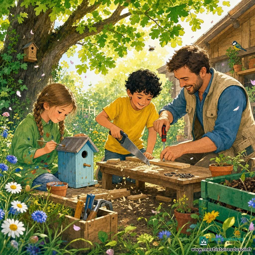 Trois personnages dans un petit jardin près d’un refuge : Léa, 8 ans, cheveux châtain clair en deux nattes, blouse verte tachée, peint un nichoir bleu clair à gauche ; Malo, 8 ans, cheveux bouclés noirs, T‑shirt jaune, scie une planche au centre ; Paul, 35 ans, bénévole, barbe courte et gilet beige, aide et montre comment visser à droite. Le sol est de terre brune avec touffes d’herbes et fleurs sauvages, un vieux chêne en arrière-plan, pots en terre cuite, caisse à outils et bac à compost vert. Les enfants fabriquent et décorent des nichoirs dans une scène joyeuse et active, avec copeaux, pétales tombant, abeilles butinant et lumière dorée du matin.