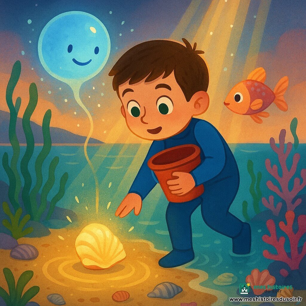 Garçon de 6 ans, courageux et émerveillé, cheveux bruns courts, yeux verts, en combinaison de plongée bleue tenant un seau rouge en entrant dans l'eau ; une coquille marine brillante et tiède repose sur le sable près de lui en chuchotant avec des ondulations lumineuses ; une grande bulle-lumière bleue translucide flotte au-dessus en émettant des étincelles argentées ; un petit poisson coloré aux écailles roses et orange nage à sa hauteur, à droite, en le regardant ; plage crépusculaire devenue monde sous-marin (sable doré, algues vertes, coraux roses et violets, coquillages scintillants, rayons dorés) ; scène : le garçon penché vers la coquille, prêt à plonger, la bulle l'appelle et le poisson l'encourage, ambiance douce, magique et prometteuse.