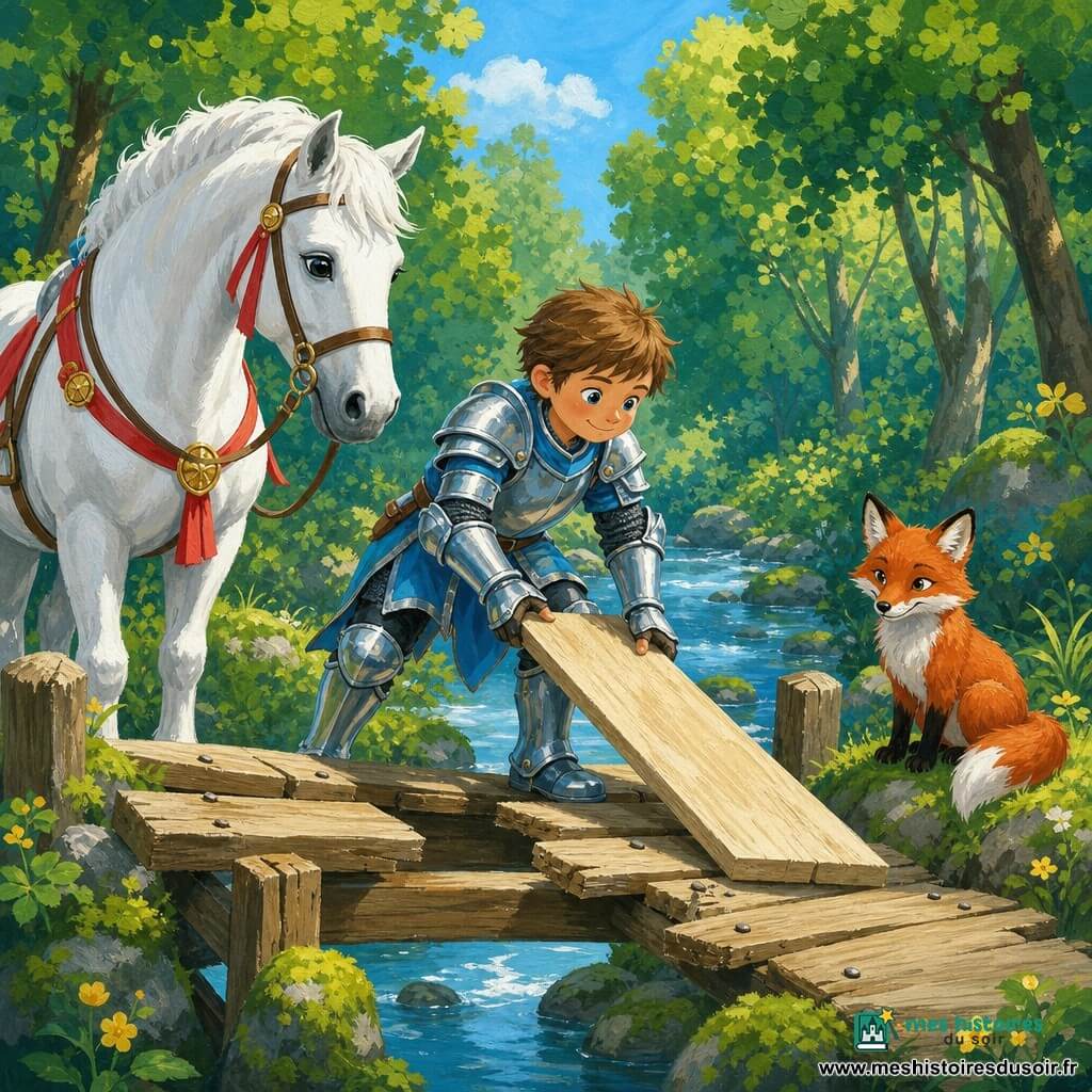 Un jeune chevalier en armure brillante argent et bleu ciel, visage souriant et concentré, pose la dernière planche sur un pont cassé pendant qu'à sa gauche son grand cheval blanc, la bride ornée de rubans rouges, reste calme; à sa droite un petit renard roux assis dans une touffe d'herbe observe, le pont en bois clair montre des planches manquantes et des clous visibles au-dessus d'un ruisseau étincelant reflétant le ciel, la forêt luxuriante aux arbres au feuillage rond, fleurs jaunes et mousse sur les pierres baigne la scène dans une douce lumière matinale aux ombres délicates; la composition, aux couleurs vives et aux coups de pinceau visibles, saisit le geste héroïque et serein du chevalier.