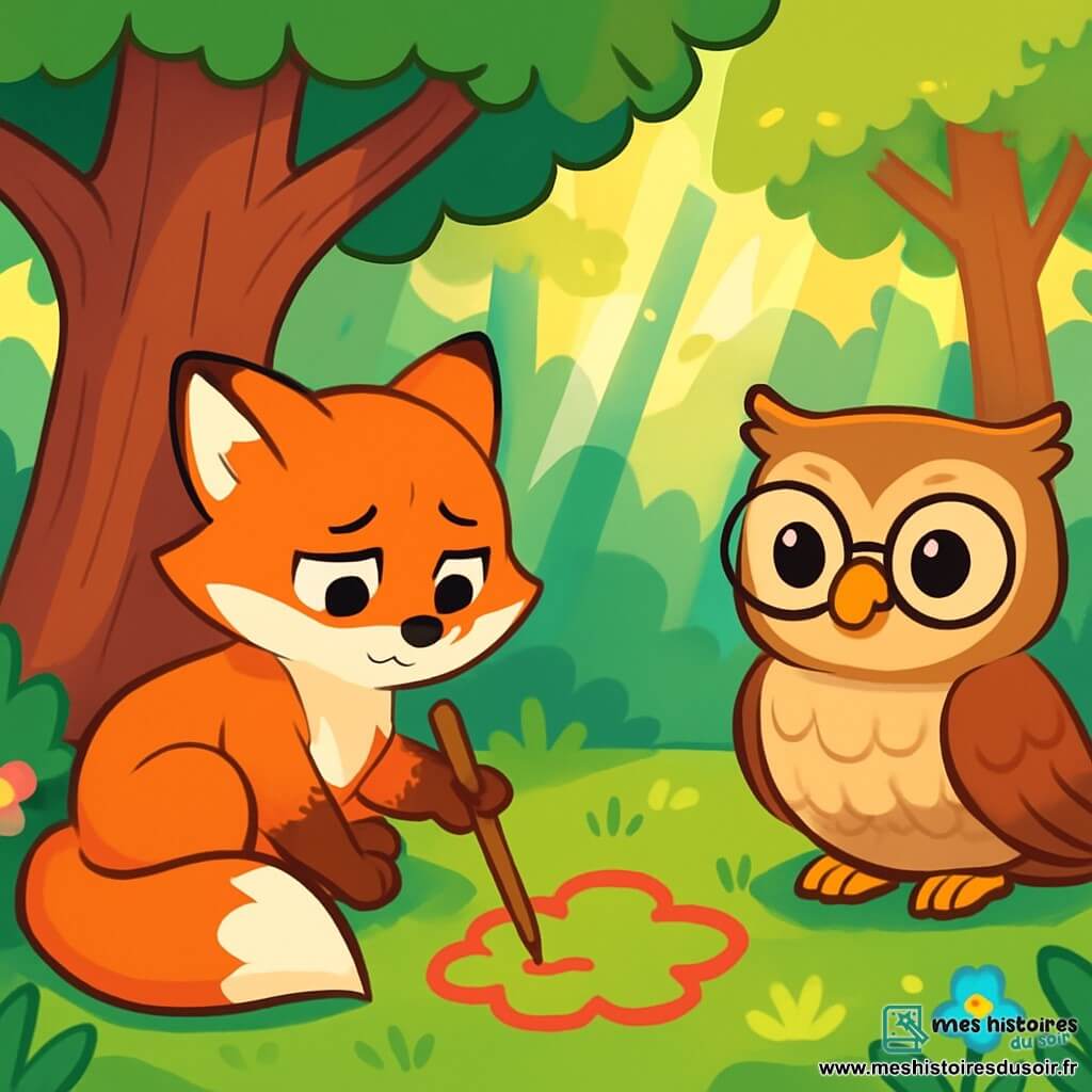 Dans une forêt lumineuse, une petite renarde nommée Lila, au pelage orange et aux yeux pétillants, est assise sous un grand arbre, l'air triste et pensif. Sa queue est enroulée autour d'elle, et elle dessine un nuage rouge sur le sol avec un bâton. À proximité, un hibou sage aux plumes brunes et aux grandes lunettes l'observe avec bienveillance. Le sol est couvert d'herbe verte et de fleurs colorées, tandis que des rayons de soleil pénètrent à travers les feuilles, créant une ambiance apaisante. Lila exprime sa colère en dessinant, cherchant à comprendre ses émotions, tandis que le hibou l'encourage.