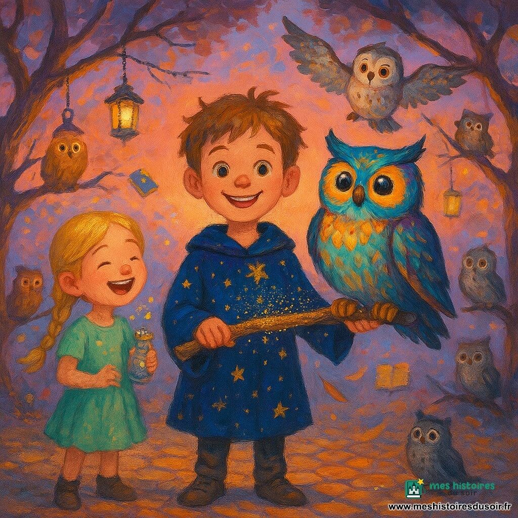Timéo, garçon apprenti sorcier de 7 ans, souriant et fier, porte une robe courte bleu nuit à motifs d’étoiles dorées, cheveux châtain clair en bataille, tient un perchoir en bois scintillant et se tient au centre; Élodie, apprentie fée d’environ 8 ans, cheveux blonds en tresses, robe vert menthe légère, rit en tenant un petit flacon de poussière d’étoiles, légèrement à gauche derrière Timéo; Hoot, grand hibou multicolore aux yeux pétillants, est perché sur le perchoir, plumes iridescentes, ailes entrouvertes, air content et curieux; quelques hiboux supplémentaires aux plumages variés volètent et se perchent sur des branches autour en public amusé; la Place des Hiboux a des pavés anciens, arbres aux branches dansantes, lanternes suspendues diffusant une lueur chaude, petits livres flottants et guirlandes de lumières, ciel de fin d’après-midi pêche et lavande; scène principale : Timéo présente le perchoir enchanté qui scintille de poussière d’étoiles, la branche semble animée et des plumes colorées flottent, atmosphère joyeuse, magique et chaleureuse; style pictural : peinture acrylique aux coups de pinceau visibles, couleurs vives, textures riches, composition centrée et lisible pour enfants.