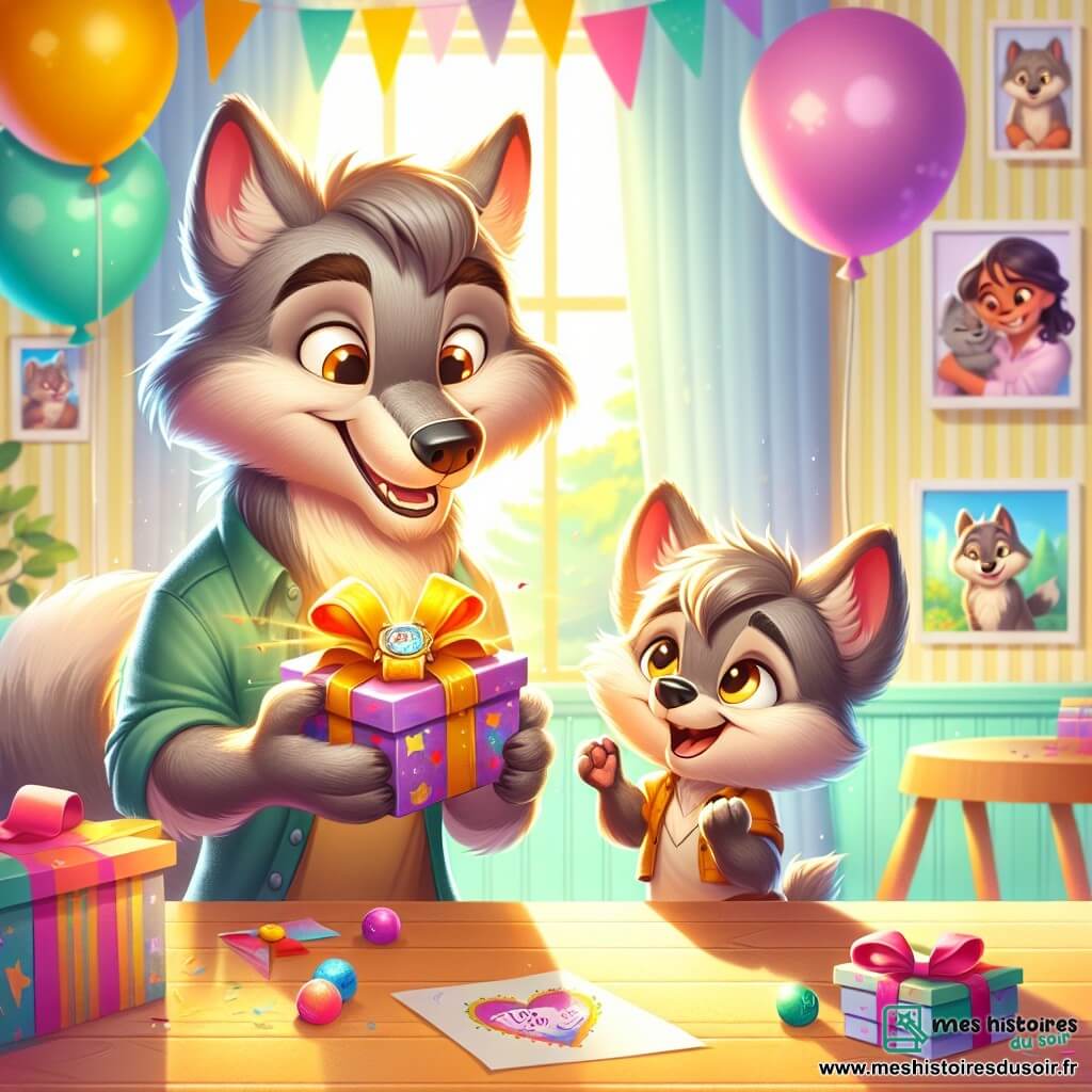 Loulou, un petit loup gris aux yeux pétillants, tient une boîte colorée et sourit, excité. À ses côtés, papa loup, un grand loup brun, admire la boîte avec fierté. La scène se déroule dans un salon chaleureux aux murs jaunes, baigné de lumière, avec des photos de famille et des ballons colorés. Loulou offre à son papa une montre brillamment réparée et un poème fait main, remplissant l'air d'amour et de joie pour la fête des pères.