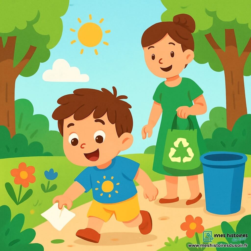 Un petit garçon de 2 ans, Léo, avec des cheveux bruns en désordre et un sourire lumineux, ramasse un morceau de papier sur le sol. Il porte un t-shirt bleu avec un dessin de soleil et un short jaune. Sa maman, une femme d'environ 30 ans avec des cheveux châtains attachés en chignon, sourit en l'encourageant. Elle porte une robe verte et tient un sac de recyclage. La scène se déroule dans un parc ensoleillé, avec de grands arbres et des fleurs colorées. Léo ramasse le papier pour le mettre dans une poubelle bleue, montrant ainsi son amour pour la planète.
