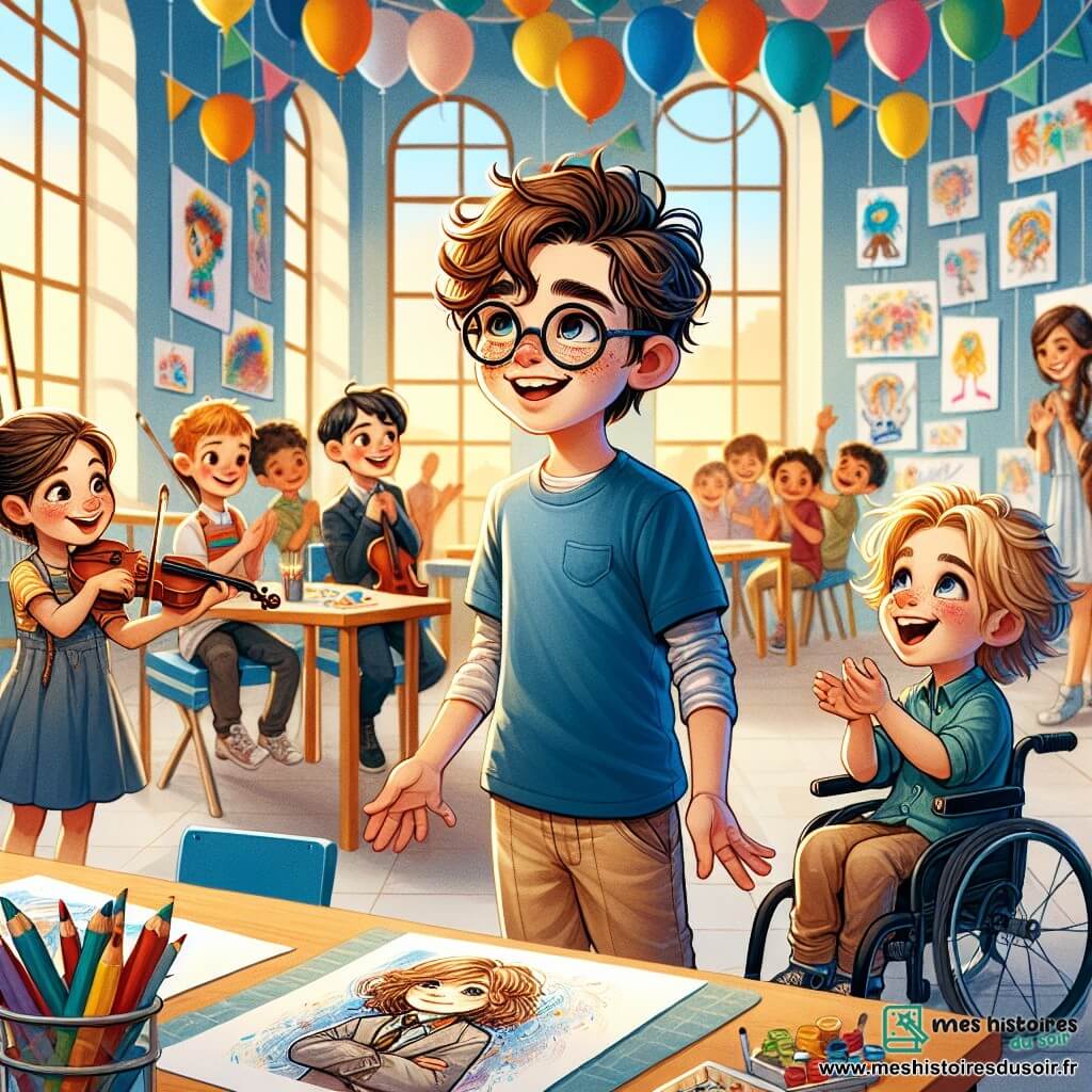Maxime, un garçon de 12 ans aux cheveux bruns en bataille et lunettes rondes, présente fièrement son dessin à ses camarades dans une salle d'exposition colorée. À ses côtés, Léo, 11 ans en fauteuil roulant avec des cheveux blonds, applaudit avec enthousiasme. Élisa, 12 ans, joue du violon en arrière-plan, ajoutant une ambiance festive. La scène met en avant l'importance de l'amitié et de la diversité, avec des parents et enseignants admirant les œuvres d'art des enfants.