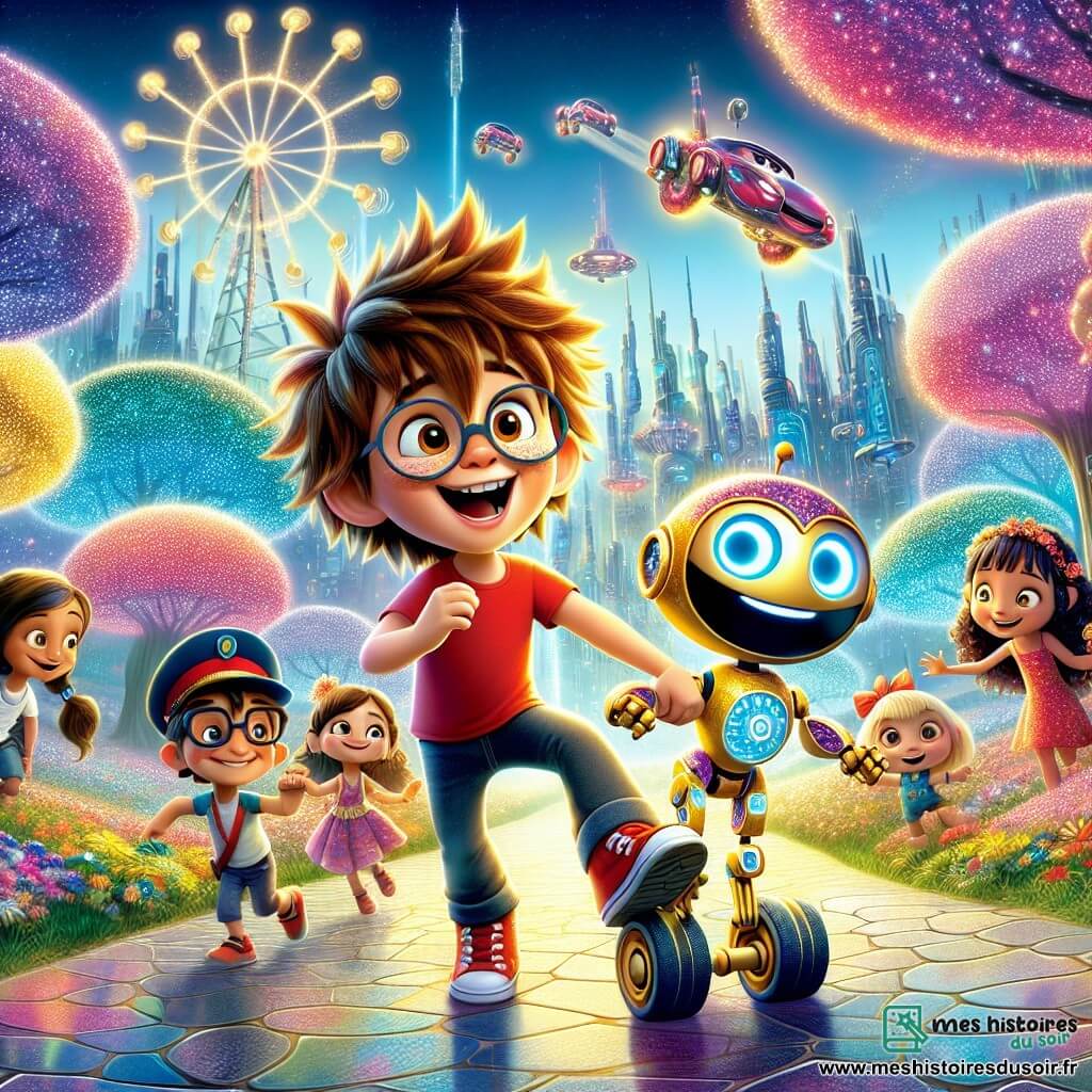 Au centre de l'image, Max, un garçon de 8 ans avec des cheveux bruns et un t-shirt rouge, sourit en tenant la main de son ami Roro, un petit robot dansant coloré. À sa droite, Léo, 9 ans, avec des cheveux blonds et une casquette de pilote, pointe vers le ciel, émerveillé par des voitures volantes. À gauche, Zoé, 7 ans avec de longs cheveux bouclés et une robe fleurie, admire des fleurs scintillantes. Tim, 8 ans avec des lunettes, se tient à côté de Zoé, souriant. Le décor est un parc futuriste de Lumiville avec des arbres lumineux, des chemins en verre et des robots dansants. Les quatre amis s'amusent ensemble, riant et dansant avec Roro, dans une ambiance festive.