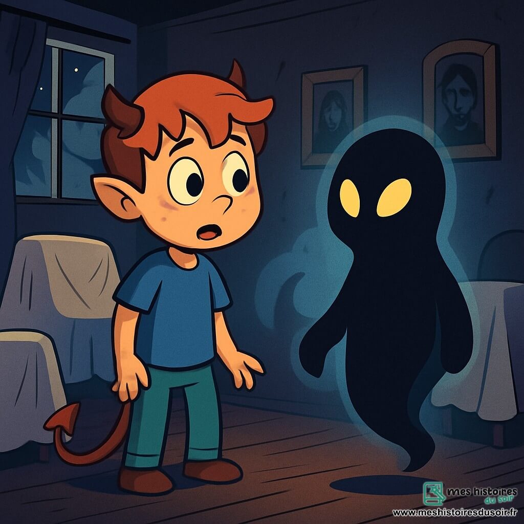 Théo, un jeune garçon avec de petites cornes et une longue queue, se tient au centre d'une pièce sombre, curieux et légèrement effrayé. Il porte un t-shirt bleu et un pantalon vert, ses yeux brillants d'excitation scrutent une ombre flottante devant lui. Cette silhouette éthérée aux yeux jaunes semble amicale et intrigante, flottant au-dessus du sol, entourée d'une douce lueur. La pièce est remplie de vieux meubles recouverts de draps blancs poussiéreux, des portraits mystérieux ornent les murs, et une lumière lunaire filtre à travers une fenêtre brisée, créant des ombres sur le sol en bois usé. Théo s'approche de l'ombre, prêt à découvrir les secrets de cette maison hantée.