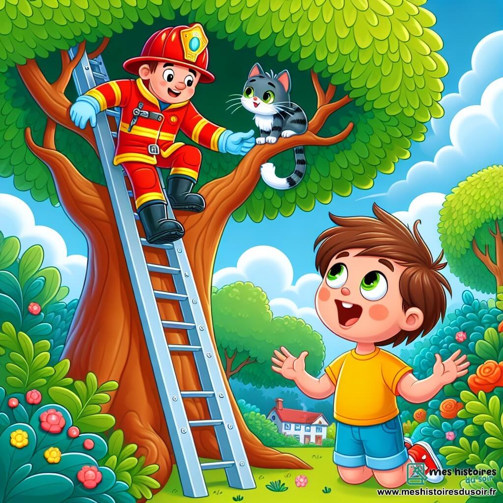 Un pompier souriant en uniforme rouge grimpe une échelle pour sauver un petit chat coincé dans un arbre. À ses côtés, un garçon de 8 ans, avec des cheveux bruns en bataille et un grand sourire, l'observe avec admiration. La scène se déroule dans un parc verdoyant, avec des arbres, des fleurs colorées et un ciel bleu. Le chat, aux poils gris et aux yeux verts, est perché sur une branche, miaulant doucement, tandis que le pompier s'apprête à le sauver, encouragé par les cris de joie du garçon.