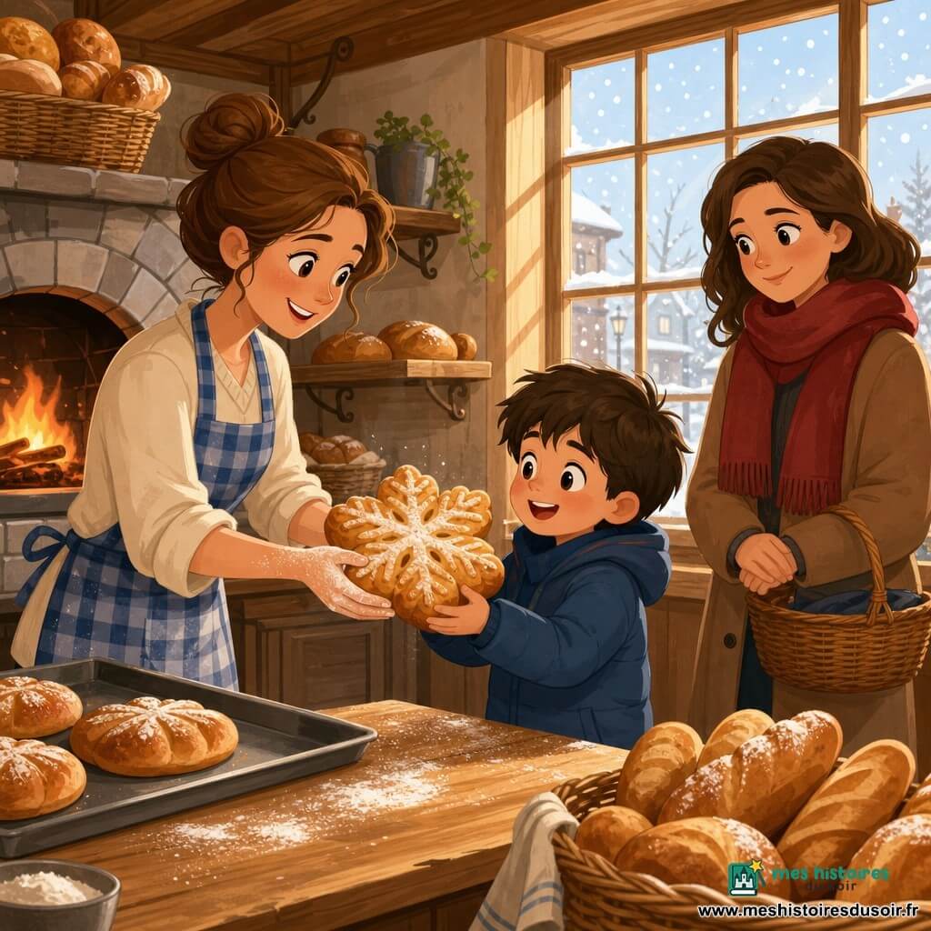 Claire, boulangère au sourire doux, cheveux châtain en chignon, mains poudrées de farine et tablier à carreaux bleus, tend un petit pain tiède en forme de flocon à un garçon d'environ six ans aux cheveux bruns en bataille, émerveillé et le tenant à deux mains ; une cliente d'environ quarante ans en manteau d'hiver et écharpe rouge attend près de la vitrine. L'intérieur rustique de la boulangerie — comptoir en bois clair, plaques métalliques, paniers en osier, étagères de pains dorés et four en pierre — diffuse une lumière dorée du matin tandis que la neige tombe dehors, créant un contraste chaleureux entre l'atmosphère réconfortante à l'intérieur et l'air froid extérieur.
