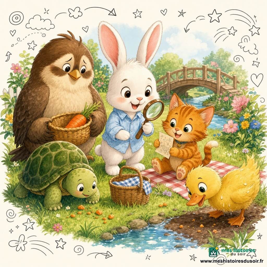 Petit Lapin blanc aux longues oreilles roses, ému et souriant, tient une loupe près d’un panier; la Tortue calme à carapace verte observe les miettes à gauche; le Canard jaune, curieux, se tient près d’un ruisseau à droite; le Chaton orange rayé, malicieux, tient un papier assis sur une couverture; Grand Oiseau brun et crème ouvre le panier de paille au centre, révélant une grosse carotte orange; le tout dans un jardin accueillant avec herbe, fleurs, pont en bois, une nappe à carreaux et quelques miettes, évoquant découverte et partage.