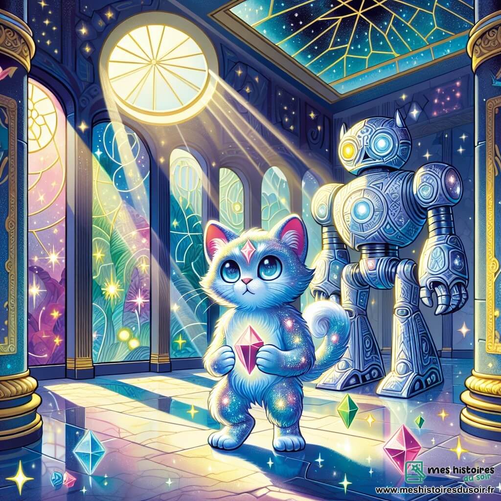 Un félin nommé Nyor, avec une fourrure d’étoiles scintillantes, se tient au centre de la salle, les yeux curieux. Il porte un cristal, la clef photonique, qui brille dans ses pattes. À sa droite, une Sentinelle mécanique, un golem aux articulations métalliques et aux yeux luminescents, l'observe avec une expression protectrice. La salle, vaste et ornée de motifs d’étoiles, est éclairée par un grand dôme de verre, créant une atmosphère mystérieuse. Nyor se prépare à choisir l’un des trois chemins devant lui, déterminé à affronter l’inconnu pour sauver sa cité des ténèbres.