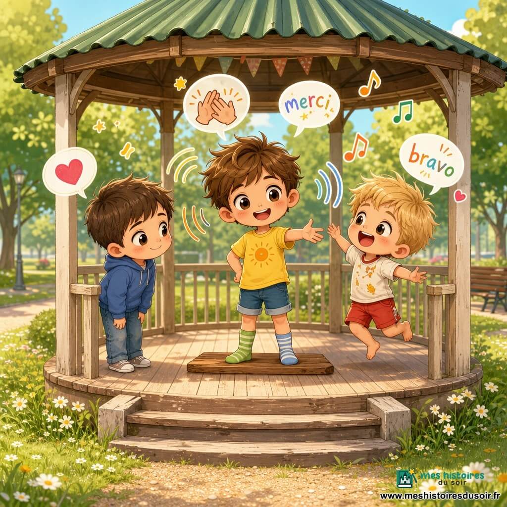 Trois frères dans un kiosque rond en bois d’un parc ensoleillé : Malo, 7 ans et demi, cheveux bruns en bataille, t‑shirt jaune et chaussettes dépareillées, debout sur une planche au centre, souriant et tendant la main ; Léo, presque 7 ans, cheveux châtain courts, sweat bleu et jean, à gauche, penché et souriant timidement ; Sacha, presque 7 ans, blond en bataille, short rouge et taches de purée, à droite, sautillant et riant. Sol en lames de bois, marches usées, toiture verte, pelouse avec pâquerettes et quelques arbres, lumière chaude d’après‑midi. Les frères jouent au « miroir gentil » : gestes de partage, expressions joyeuses, ondes visuelles et bulles (« merci », « bravo »), atmosphère ludique et kawaii aux couleurs saturées et contours doux.