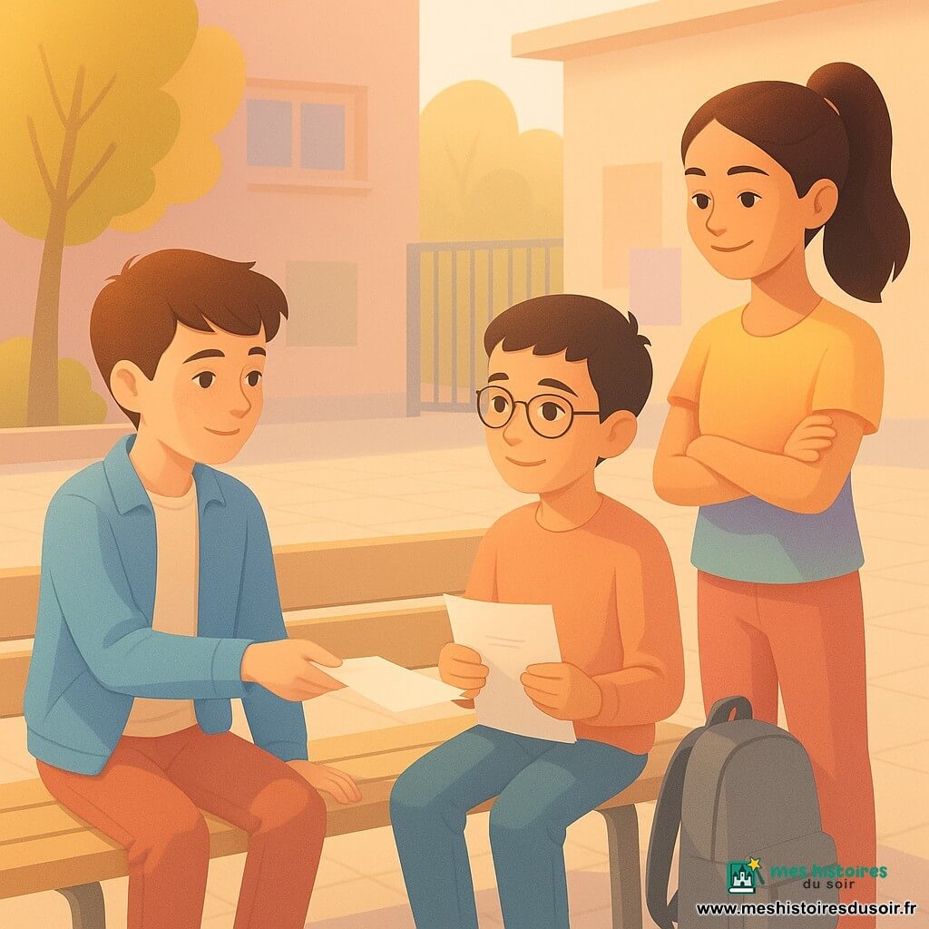 Noé, 12 ans, cheveux châtain courts et taches de rousseur, assis sur un banc en veste bleue, tend doucement une feuille à Malik, 11 ans, timide et soulagé, lunettes et sac gris à côté de lui, qui le regarde avec reconnaissance pendant qu'ils répètent un exposé ; Lina, 12 ans, queue de cheval brune et tee-shirt coloré, debout à côté du banc, bras croisés et sourire encourageant comme une coach ; en arrière-plan, cour d'école en fin d'après-midi avec pavés clairs, mur d'affiches, quelques arbres aux feuilles jaunes, un portail métallique et un pigeon, lumière chaude, ombres longues, ambiance intime, chaleureuse et pastel.
