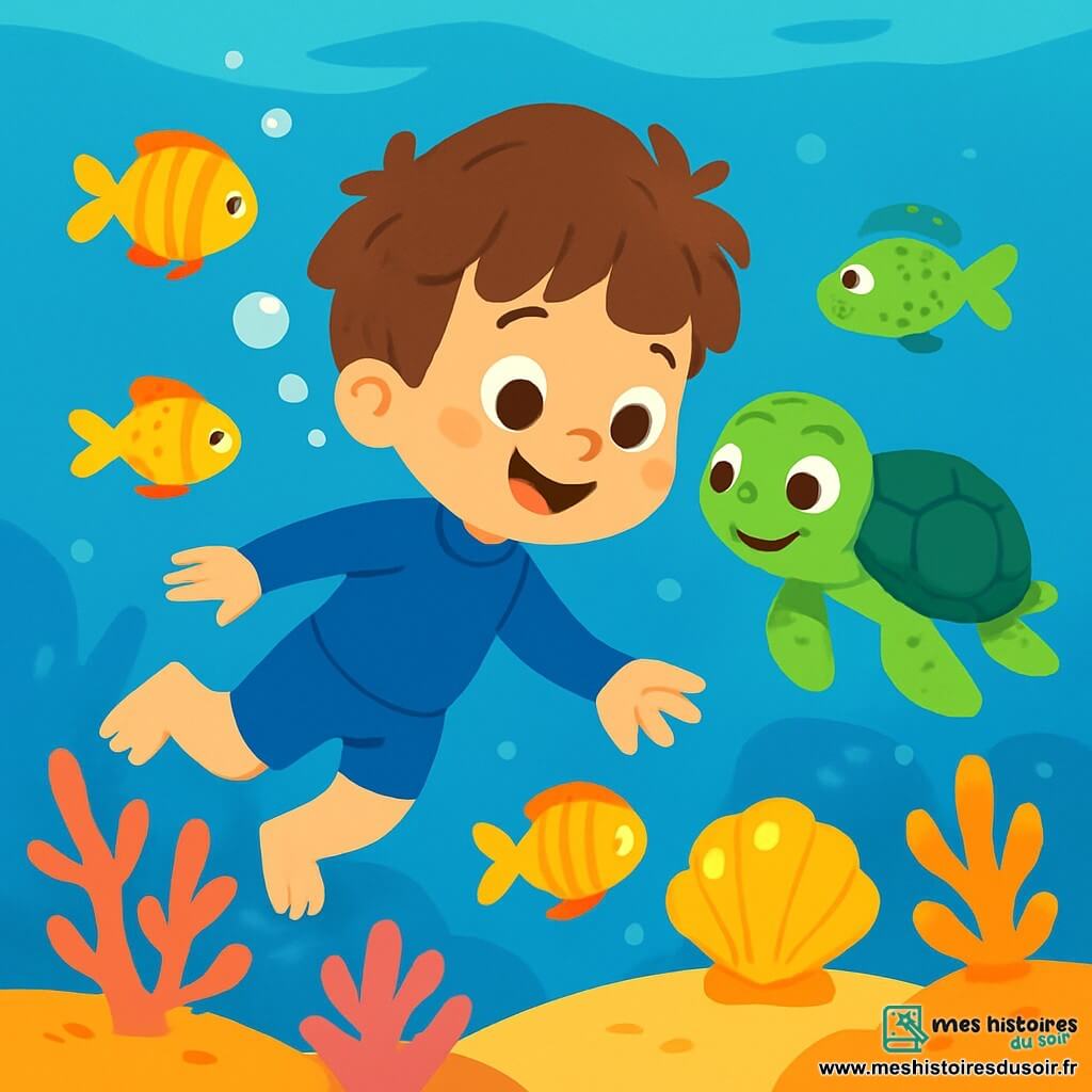 Léo, un petit garçon de 4 ans avec des cheveux bruns en bataille et des yeux curieux, nage joyeusement sous l'eau dans une combinaison de plongée bleue. Il est émerveillé par les poissons colorés qui l'entourent. À ses côtés, une tortue à la carapace verte l'invite à la suivre. Le fond marin est rempli de coraux vibrants et de petits poissons scintillants. Léo découvre un coquillage brillant qui semble l'appeler, tandis que la tortue l'observe avec un sourire complice.