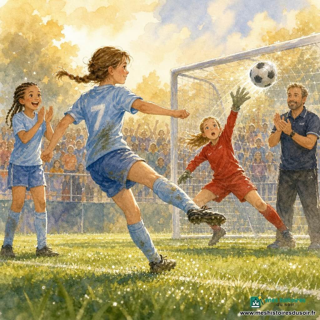 Jeune footballeuse au sourire confiant et tresse brune, maillot bleu clair taché d'herbe, frappe du pied droit vers la lucarne ; à gauche Fatou, environ 10 ans, peau mate et nattes, applaudit joyeusement ; gardienne adverse d'environ 11 ans en tenue rouge, mains tendues, visage surpris mais fair-play, près du but ; Monsieur Paul, entraîneur d'une quarantaine d'années, barbe légère et polo sombre, applaudit au bord du terrain ; pelouse verte humide de rosée, petit but métallique à filet blanc et tribunes en arrière-plan pleines de silhouettes de parents ; lumière dorée du matin, nuages aquarellés et textures peintes, rehauts blancs pour les éclats sur le ballon et la rosée ; scène centrée sur le tir décisif, ballon en plein vol vers la lucarne, ambiance collective et chaleureuse.
