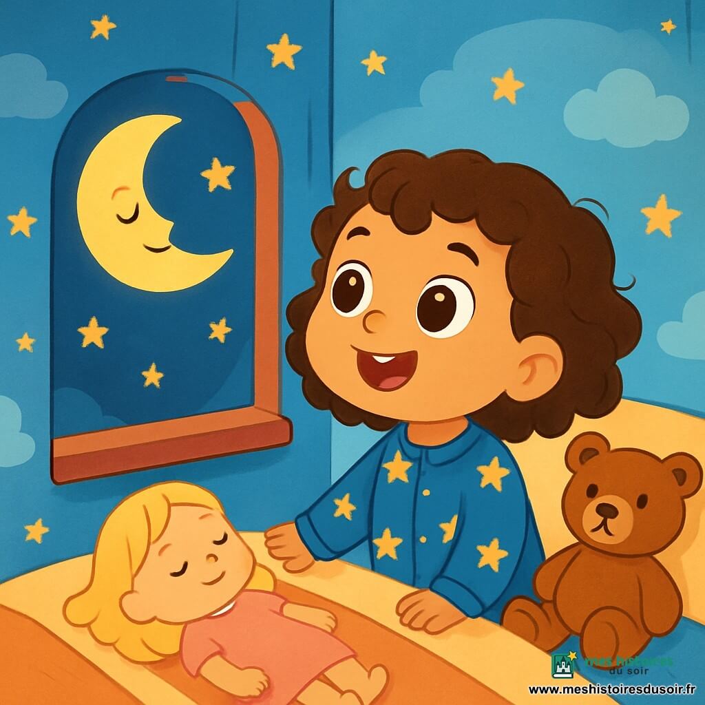 Une petite fille de 2 ans, Lila, avec de grands yeux doux et des cheveux bouclés, regarde la lune par la fenêtre avec émerveillement. Elle sourit et porte un pyjama bleu avec des étoiles dorées. À côté d'elle, sa poupée aux cheveux blonds et à la robe rose est allongée sur le lit, tandis que son ours en peluche marron est assis sur le coussin. La scène se déroule dans une chambre chaleureuse, peinte en bleu ciel, avec des murs décorés de nuages et d'étoiles scintillantes. Une douce lumière de lune crée une ambiance magique. Lila se demande pourquoi la lune brille, tandis qu'un vent léger caresse son visage.