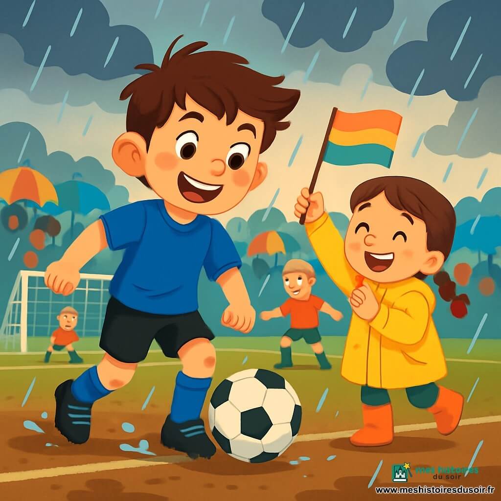 Lucas, un jeune homme souriant, dribble un ballon de football sur un terrain boueux, vêtu d'un maillot bleu, de shorts noirs et de crampons brillants. À ses côtés, sa sœur Léa, 7 ans, avec des tresses brunes et un imperméable jaune, brandit un drapeau coloré. En arrière-plan, des spectateurs avec des parapluies colorés assistent à la scène sous la pluie. Lucas passe le ballon à son ami Marco, 8 ans, prêt à tirer au but, créant une atmosphère énergique et amicale malgré le temps maussade.