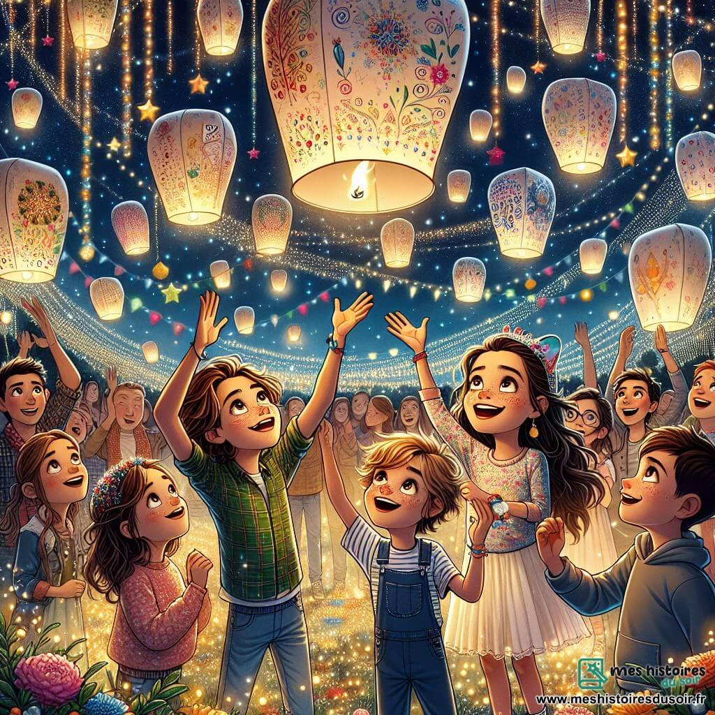 Au centre de l'image, Max, un garçon de douze ans aux cheveux en bataille, tient une lanterne décorée et sourit. À sa gauche, Ava, une fille avec des lunettes et un chapeau de fête, admire la lanterne. À droite, Léo, un garçon blond aux taches de rousseur, lève les bras avec joie. Le décor est un jardin illuminé par des guirlandes et des lanternes volantes. Des ballons flottent autour d'eux, et une affiche annonce : « Bonne année ! ». Les trois amis, entourés de leurs familles, lâchent leurs lanternes dans le ciel nocturne en criant « Bonne année ! » avec des sourires.
