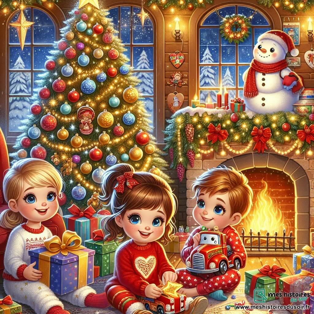 Dans une maison chaleureuse décorée pour Noël, trois enfants sont réunis autour d'un sapin scintillant. Léa, 8 ans, avec des cheveux bruns et bouclés, déballant un cadeau, est vêtue d'un pull rouge avec un motif de renne. Tom, 7 ans, avec des cheveux blonds en bataille, est accroupi à côté d'elle, tenant un camion de pompiers rouge. Chloé, 6 ans, avec des cheveux châtains et une frange, est assise dans un fauteuil, portant un pyjama à étoiles et tenant un bracelet en forme de cœur. Le sapin est décoré de guirlandes dorées et de boules colorées, avec des cadeaux éparpillés autour. La scène dégage une atmosphère festive et magique, remplie de rires et de joie en ce jour de Noël.
