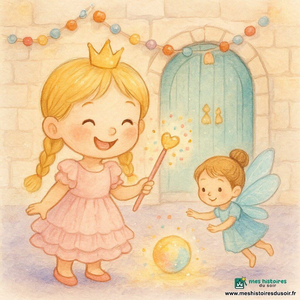 La princesse Lili, d'environ 5 ans, sourit malicieusement; vêtue d'une robe rose à volants et de nattes blondes, elle tient une baguette magique rose ornée d'un cœur doré qui diffuse un léger éclat et des confettis colorés. À côté d'elle vole une minuscule fée bleue de la taille d'un pouce aux ailes translucides, qui tente d'attraper une boule rieuse lumineuse roulant vers elle. Elles se trouvent dans une grande salle de château aux murs de pierre claire, tapis lavande, guirlandes de bonbons et porte en bois menthe avec clochettes; l'ambiance est lumineuse, douce et joyeuse.