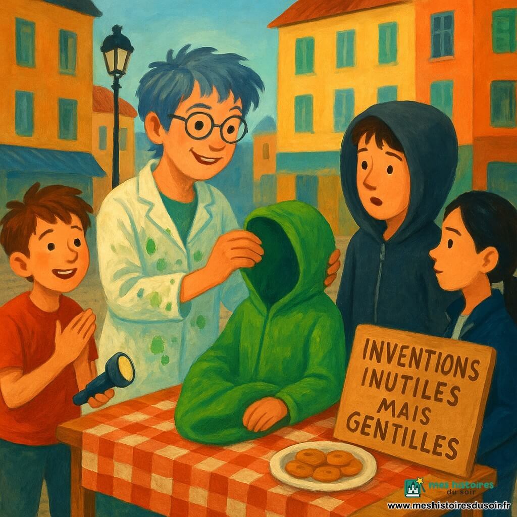Mado, inventrice souriante aux cheveux courts gris-bleu et lunettes rondes, en blouse tachée de peinture tient précieusement une capuche verte; autour d’elle, Nino (12 ans, t-shirt rouge) applaudit timidement avec une lampe de poche à gauche, Mira (11 ans, queue de cheval, veste marine) observe à droite les mains dans les poches, et Hugo (≈14 ans, sweat sombre) porte la capuche, surpris et ému; la scène se déroule sur une petite place pavée devant un stand en bois à nappe à carreaux marqué «Inventions inutiles mais gentilles», biscuits sur une assiette, lampadaire ancien et immeubles colorés en arrière-plan, atmosphère chaleureuse et légère, couleurs vives et textures de gouache visibles.
