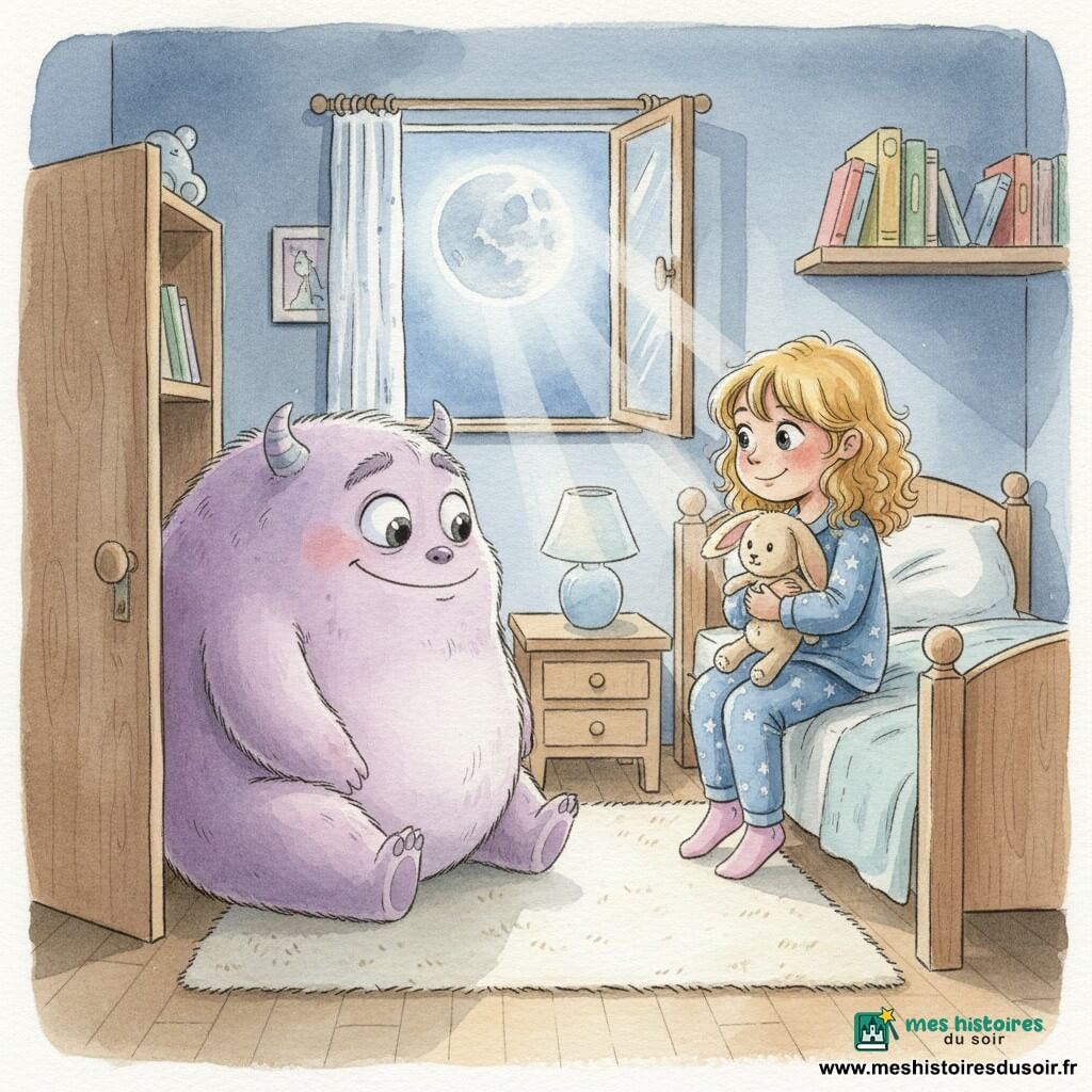 Fille de 6 ans aux yeux curieux et rassurés, cheveux blonds bouclés, pyjama bleu à petites étoiles, assise au bord d’un lit en bois en tenant un doudou lapin beige contre sa poitrine ; un monstre de placard non humain, grand et rond, pelage velouté lavande, grands yeux lumineux et sourire doux, assis près d’une porte de placard entrouverte et la regardant avec bienveillance ; petite chambre chaleureuse avec tapis crème, lampe de chevet éteinte, couverture pliée, étagères de livres colorés et fenêtre ouverte laissant entrer une lune argentée ; scène face à face dans la pénombre bleutée de la nuit, lumière de lune et ombres douces, ambiance calme et magique, tons pastels aquarelle, textures floues et contours délicats.