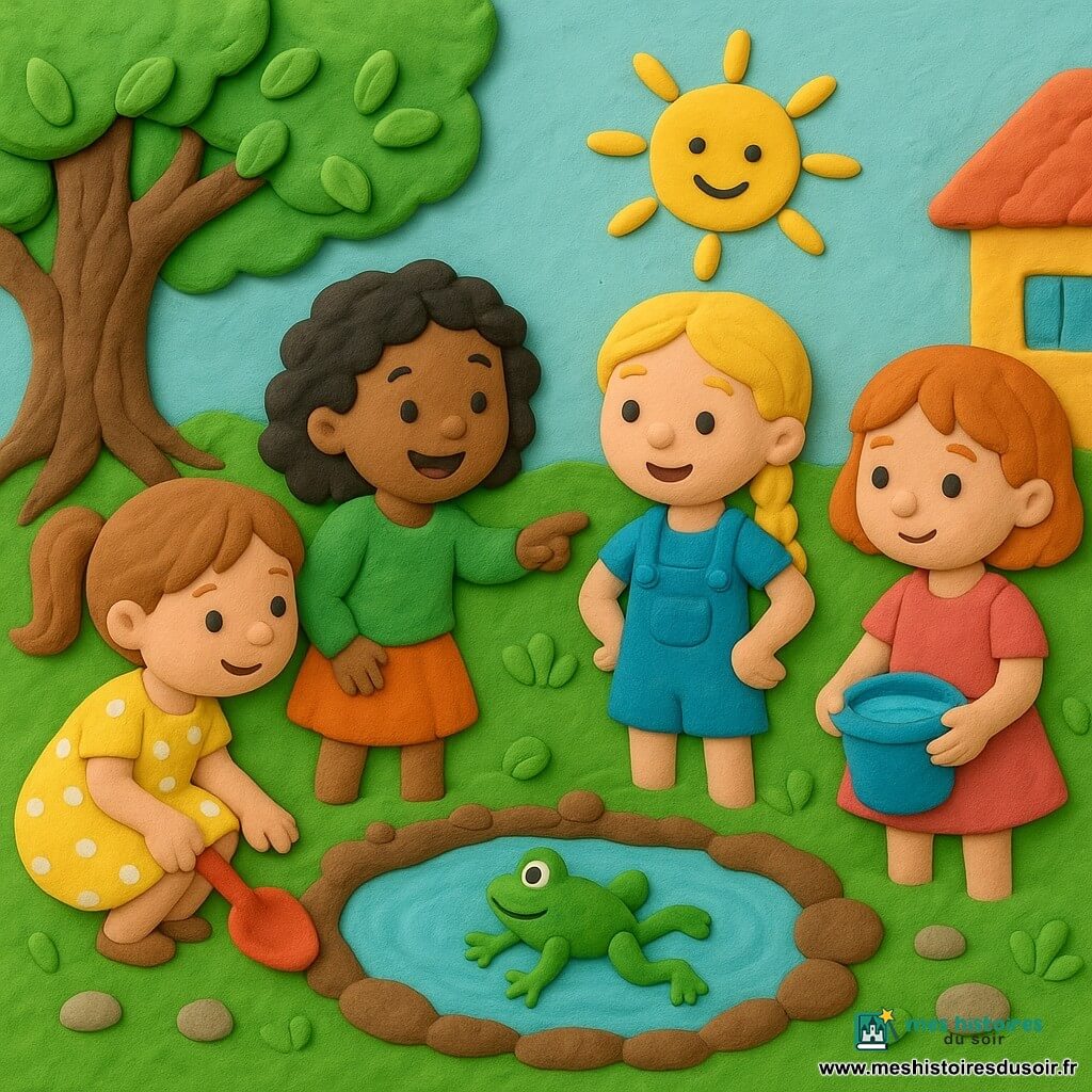 Quatre filles de 6 ans — Emma, cheveux châtain clair en couette, accroupie à gauche avec une petite pelle rouge ; Lila, cheveux bouclés noirs, debout près du centre gauche, pointant la flaque en souriant ; Zoé, cheveux blonds en tresse, au centre droit, mains sur les hanches, regard curieux vers la grenouille ; Mia, cheveux roux courts, à droite, tenant un seau bleu — dans un jardin ensoleillé au fond d'une maison, herbe verte, grandes racines d'un vieux chêne et petites pierres autour d'une flaque boueuse aménagée en mini-piscine. Les quatre petites enquêtrices installent un bassin pour une grenouille verte qui saute au milieu ; scène joyeuse aux couleurs vives, textures visibles et expressions émerveillées.