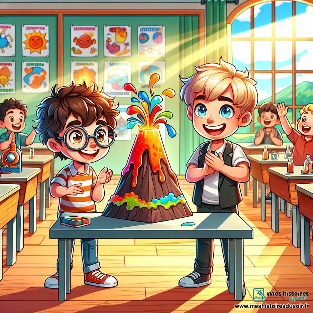 Lucas, un garçon de 10 ans avec des cheveux bruns en bataille et des lunettes rondes, sourit en tenant une maquette de volcan coloré. À ses côtés, Max, également âgé de 10 ans, aux cheveux blonds et aux yeux pétillants, lève les bras en signe de victoire. Ils se trouvent dans une salle de classe lumineuse, décorée de posters sur les sciences et les mathématiques, avec des bureaux en bois. Lucas et Max présentent leur projet de volcan devant leurs camarades, émerveillés. Le volcan, peint en rouge, jaune et orange, émet une éruption de mousse colorée, suscitant excitation et joie parmi les élèves, qui applaudissent et rient.
