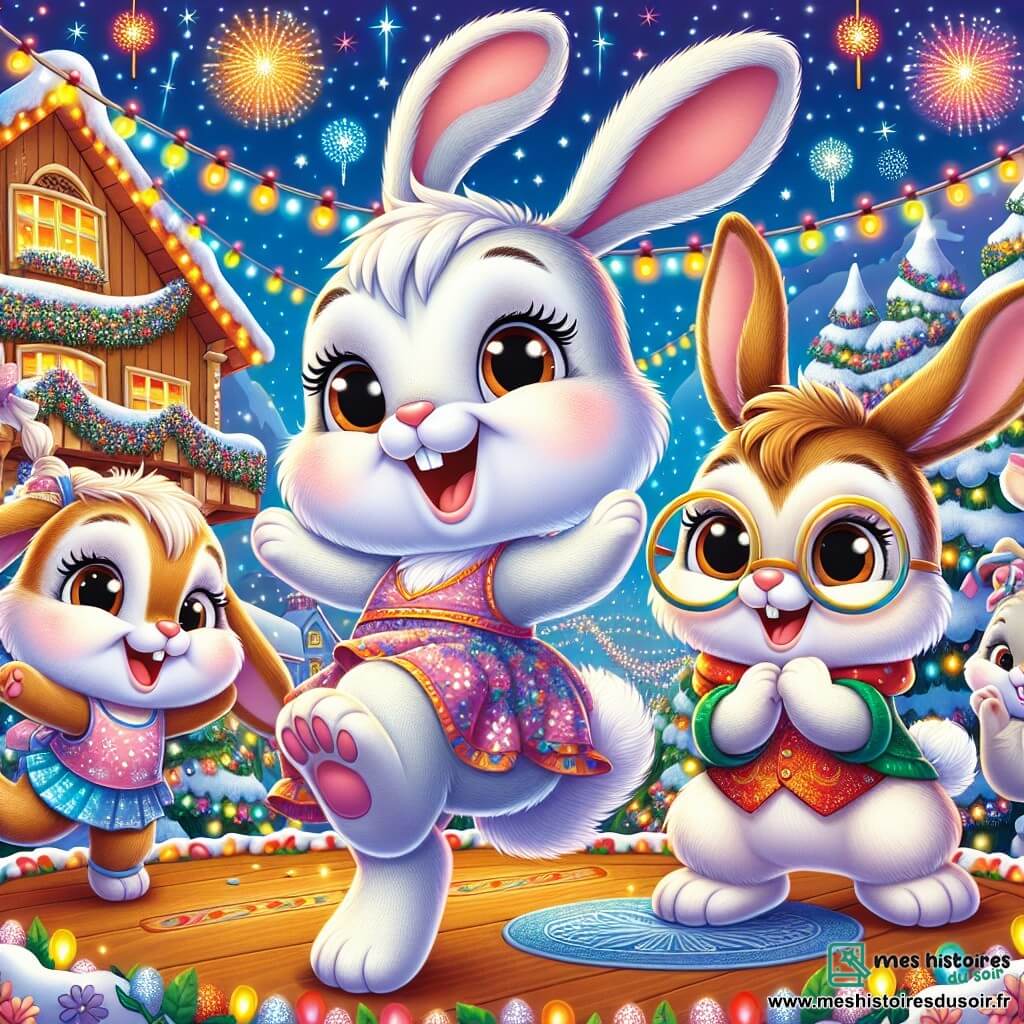 Léo, un petit lapin gris clair aux grandes oreilles et au sourire pétillant, danse joyeusement entouré de guirlandes colorées. À ses côtés, Max, un lapin brun aux yeux brillants, saute avec enthousiasme, tandis que Lily, une lapine à lunettes et au pelage blanc, applaudit en riant. Ils se trouvent dans un charmant village de lapins avec des maisons en bois décorées de neige et une grande carotte illuminée au centre. Les lapins célèbrent le Nouvel An, dansant et riant sous un ciel étoilé, avec des feux d'artifice colorés créant une ambiance festive.