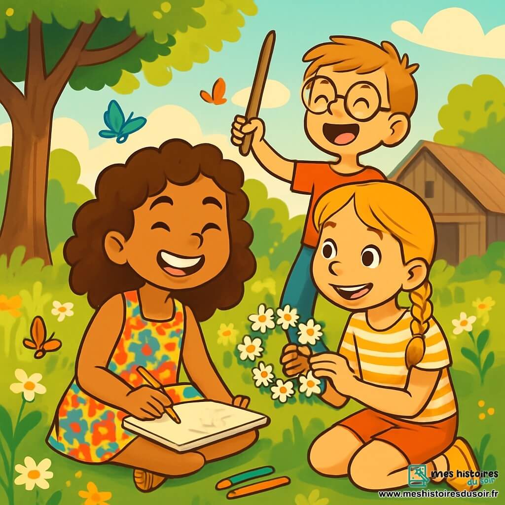 Emma, une fille de 12 ans aux cheveux bruns et bouclés, est assise sur l'herbe, entourée de fleurs sauvages. Elle porte une robe légère et dessine avec des crayons de couleur, souriante. À côté d'elle, Clara, également âgée de 12 ans avec des tresses blondes et un t-shirt à rayures, l'observe en tenant une couronne de pâquerettes. Luc, un garçon de 9 ans avec des lunettes, se tient derrière eux, riant et brandissant un bâton comme une épée imaginaire. Ils se trouvent dans un jardin luxuriant, illuminé par la lumière dorée, avec une vieille grange en arrière-plan et des papillons colorés. Cette scène montre Emma et ses amis créant des souvenirs d'été remplis de rires et de créativité.