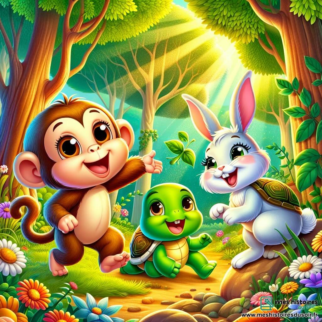 Mimi, la petite guenon espiègle, a un pelage brun clair et des yeux pétillants de curiosité. Elle saute joyeusement sous un grand arbre, souriante. Léo, le lapin aux grandes oreilles blanches et au pelage doux, se tient à côté d'elle, riant avec une carotte. Zoé, la tortue au dos vert et aux yeux malicieux, est assise sur une pierre, chantant avec une feuille. La scène se déroule dans une forêt enchantée, remplie d'arbres majestueux et de fleurs colorées. Des rayons de soleil filtrent à travers les branches. Mimi cherche sa banane magique, prête à jouer à cache-cache avec ses amis.