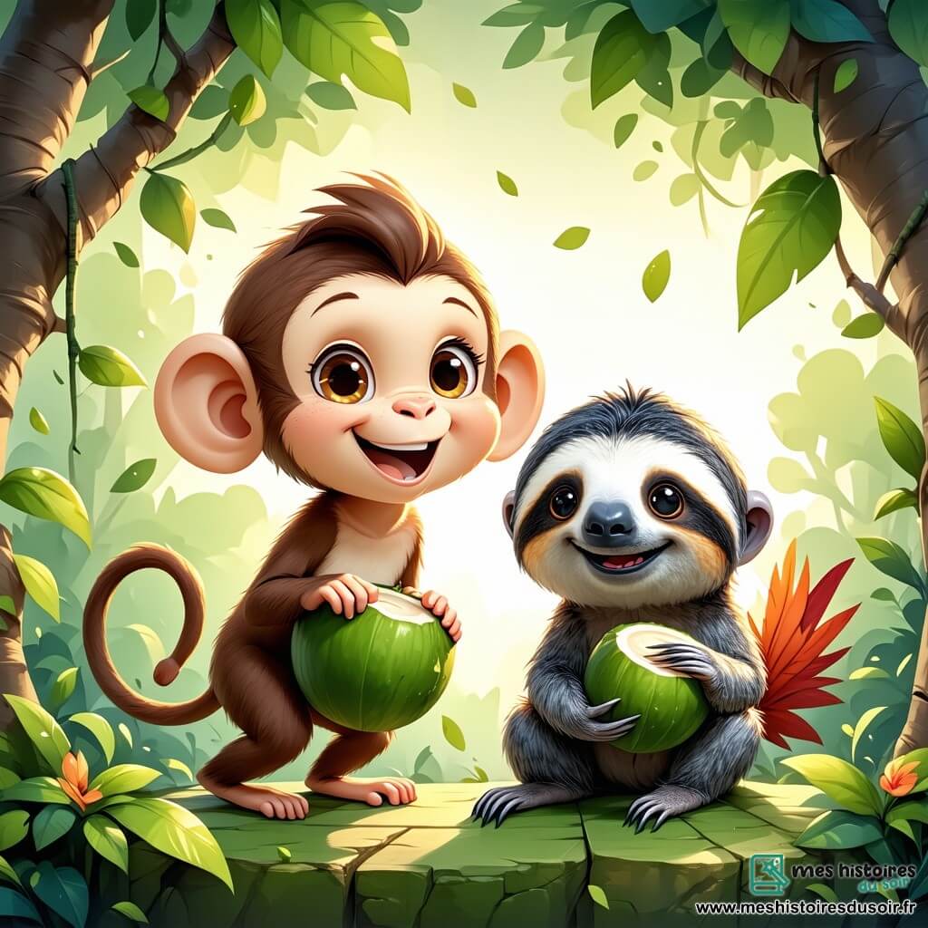 Kiki, une guenon espiègle au pelage brun doré et aux grands yeux pétillants, saute d'une branche à l'autre, souriante. À ses côtés, Léon, le paresseux aux yeux doux, se balance lentement avec une noix de coco. Barnabé, le coq flamboyant, chante gaiement, tandis que Lulu, la vache aux taches blanches et noires, peint des motifs colorés. La scène se déroule dans une jungle vibrante avec des palmiers et des fleurs éclatantes, sous un ciel bleu. Kiki et ses amis sont en pleine chasse au trésor, riant et s'amusant, entourés d'indices cachés et de trésors colorés, créant une atmosphère joyeuse.