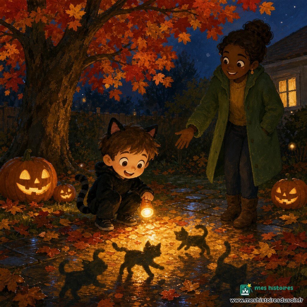 Un garçon de 4 ans, émerveillé, tient une petite lampe orange diffusant une lumière chaude; en costume de chat noir avec oreilles et queue rayée, accroupi près d'un tapis de feuilles mouillées, il retrouve la lampe sous un grand chêne aux feuilles rouges et dorées. Sa mère d'une trentaine d'années, souriante et rassurante, en veste verte et chignon, se tient légèrement en arrière et tend la main vers lui. Le jardin est un soir d'automne avec des citrouilles sculptées éclairées sur la pelouse, des pierres de chemin humides et de longues ombres; la lampe crée des reflets chauds sur les feuilles et des silhouettes de chats dansantes autour d'eux.