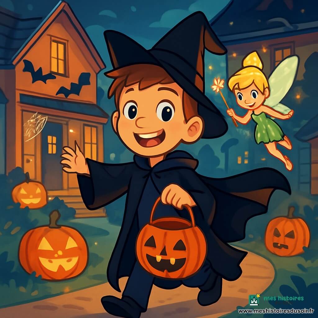 Un garçon de 10 ans, Timothée, se tient au centre de l'image, vêtu d'un costume de sorcier noir avec une cape et un chapeau pointu. Il sourit avec excitation, ses yeux brillants d'émerveillement. À ses côtés, une petite fée clochette, aux ailes scintillantes et à la robe étincelante, vole joyeusement, tenant une baguette magique. Le décor est un quartier d'Halloween avec des maisons décorées de citrouilles et de toiles d'araignées, une brume légère flottant dans l'air. Timothée et la fée se tiennent devant une maison ornée de chauves-souris en papier, prêts à entrer pour récolter des bonbons, tandis que des lanternes en forme de citrouille illuminent le chemin.