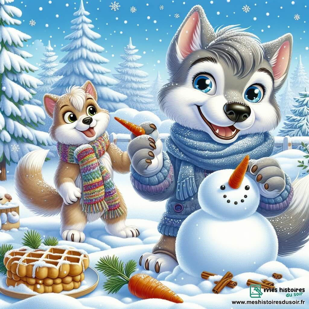 Un jeune loup nommé Léo, avec un pelage gris et des yeux pétillants, construit un bonhomme de neige dans un jardin enneigé. Il sourit, les pattes pleines de neige, tenant une carotte pour le nez du bonhomme. Sa maman, Louisa, une louve au pelage brun clair avec une écharpe colorée, l'observe avec fierté en tenant une assiette de gaufres à la cannelle. Le jardin est couvert de neige scintillante, avec des sapins ornés de flocons et un ciel bleu clair. Léo façonne le bonhomme de neige, tandis que sa mère l'encourage, créant une atmosphère chaleureuse et joyeuse.