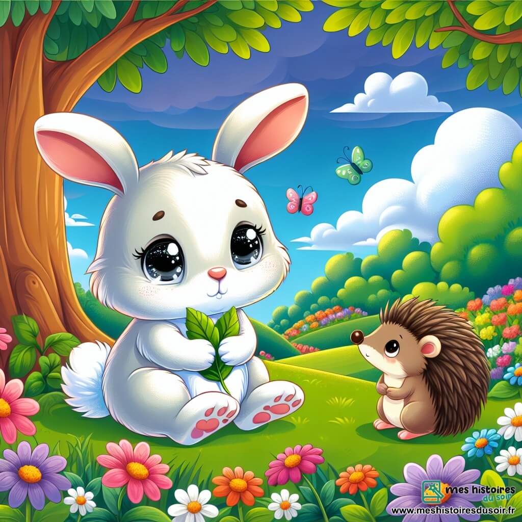 Illustration d'un petit lapin blanc aux grandes oreilles douces et aux yeux noirs tristes, assis sous un arbre avec une feuille verte dans ses pattes, regardant le sol. À côté, une petite souris grise l'observe avec compassion, tandis qu'un hérisson en retrait affiche une expression de soutien. Le jardin coloré est rempli de fleurs éclatantes, d'arbres majestueux et d'un ciel bleu avec des nuages blancs. Le lapin se souvient de son amie disparue, entouré de ses amis qui lui apportent des fleurs et des gâteaux à la carotte pour honorer la mémoire de la tortue. Des éléments graphiques incluent des fleurs colorées, des gâteaux en forme de carotte et des ballons tortue flottant, symbolisant la joie et les souvenirs partagés.