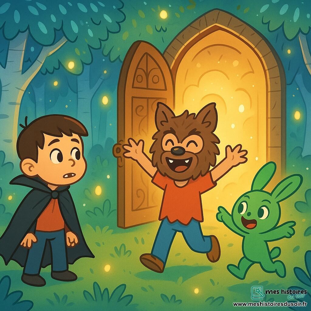 Trois personnages se trouvent dans une clairière magique : Louis, un garçon de 10 ans déguisé en vampire, curieux et inquiet ; Max, également âgé de 10 ans, déguisé en loup-garou, souriant et enthousiaste ; et Pooky, une petite créature verte ressemblant à un lapin, sautillant joyeusement. La clairière est entourée d'arbres aux troncs argentés et aux feuilles scintillantes, avec une porte ancienne au centre menant à un monde féerique. Les personnages expriment leur émerveillement, Louis et Max regardant Pooky qui pointe vers la porte magique, prêt à les entraîner dans une aventure.