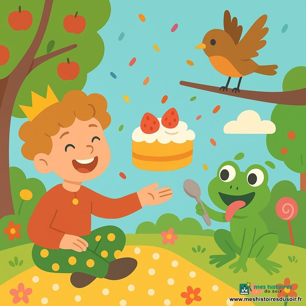 Le prince Pistache, garçon joyeux aux cheveux bouclés caramel, en pantalon vert à pois jaunes, assis en tailleur tend la main pour couper un gâteau flottant ; la grenouille Biscotte, coquine et enthousiaste, peau verte brillante, lèche une cuillère près de sa jambe droite ; le merle Mimolette, petit et fier, plumage brun-orange, perché sur une branche agite les ailes comme pour applaudir ; le gâteau doré et rond, coiffé d’une grosse crème fouettée blanche et de fraises rouges, flotte au‑dessus d’une nappe à pois ; le verger coloré présente des pommiers au tronc torsadé, de l’herbe parsemée de fleurs et de bonbons géants, un ciel pastel avec quelques nuages en sucre ; tous les amis sont rassemblés en cercle sous un arbre, des confettis en sucre tombent doucement, ambiance lumineuse, douce et ludique.